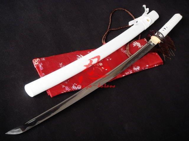 Hand Forged Japanese White Katana Matrix Tsuba Sharpened Blade Can Cut Bamboo